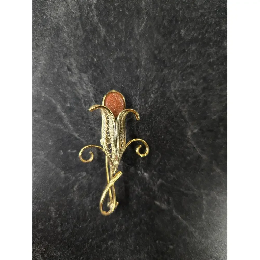 Vintage Gold Filigree Goldstone Calla Lily‎ Floral Brooch Pin